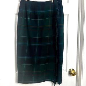 Tabolts 100% Worsted Wool Blanket Wrap Skirt | Fringe Trim Midi | Dark Green
